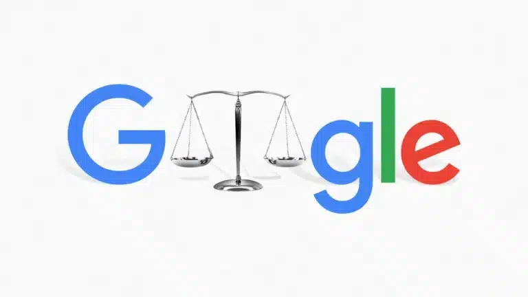 Google logo flanking a silver scales-of-justice balance, symbolizing law and ethics in tech