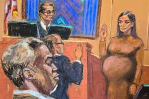 Pregnant woman in a brown dress raises her right hand to swear an oath in a courtroom, while a judge and two suited men observe nearby.