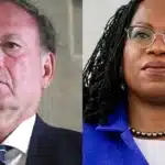 Side-by-side portrait: a man in a dark suit and tie on the left, and a woman wearing glasses and a blue blazer on the right.