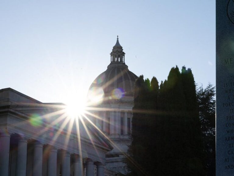 Sunlight bursts through the dome of a neoclassical government building with tall columns, flanked by trees.