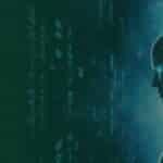 Futuristic humanoid robot profile with a glowing blue eye against a dark teal data-stream background.