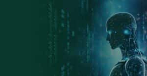 Futuristic humanoid robot profile with a glowing blue eye against a dark teal data-stream background.