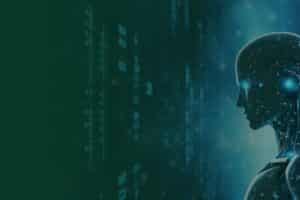 Futuristic humanoid robot profile with a glowing blue eye against a dark teal data-stream background.