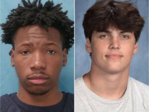 Split image of two young men: left shows a man with dark skin and curly hair, right shows a lighter-skinned man with short brown straight hair.