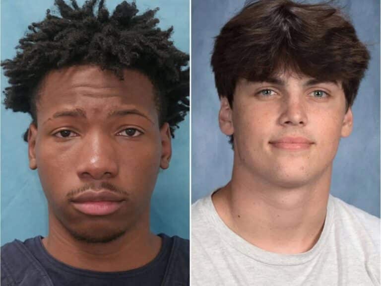 Split image of two young men: left shows a man with dark skin and curly hair, right shows a lighter-skinned man with short brown straight hair.