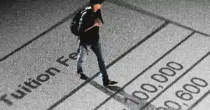 Man with a backpack walks across a surface printed with large numbers and the words resembling 'submission fee', suggesting costs or fees.