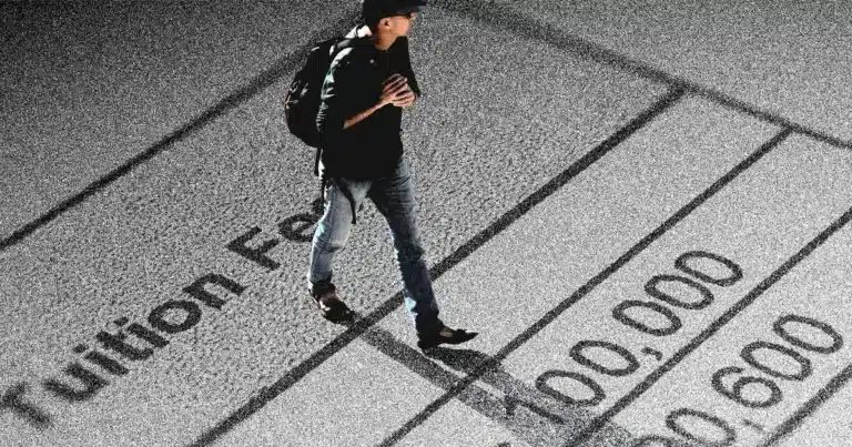 Man with a backpack walks across a surface printed with large numbers and the words resembling 'submission fee', suggesting costs or fees.