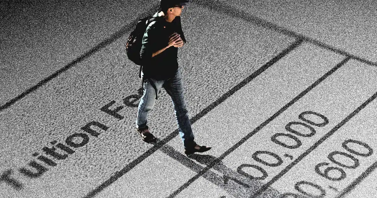 Man with a backpack walks across a surface printed with large numbers and the words resembling 'submission fee', suggesting costs or fees.