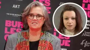 Older woman with gray hair and round glasses in front of a pink-and-black backdrop; inset circle shows a younger woman with dark hair in a hoodie.