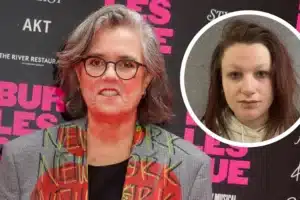 Older woman with gray hair and round glasses in front of a pink-and-black backdrop; inset circle shows a younger woman with dark hair in a hoodie.