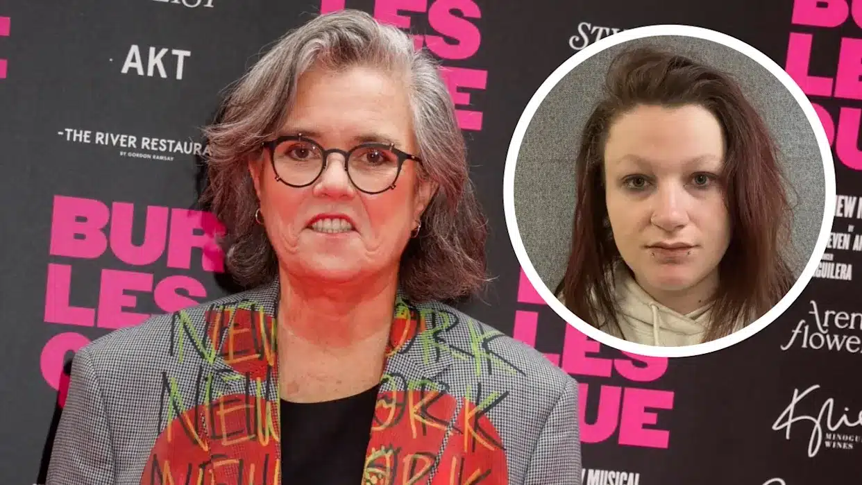 Older woman with gray hair and round glasses in front of a pink-and-black backdrop; inset circle shows a younger woman with dark hair in a hoodie.