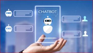 Hand holds a glowing card labeled CHATBOT with a robotic avatar and floating chat bubbles on a blue digital background.