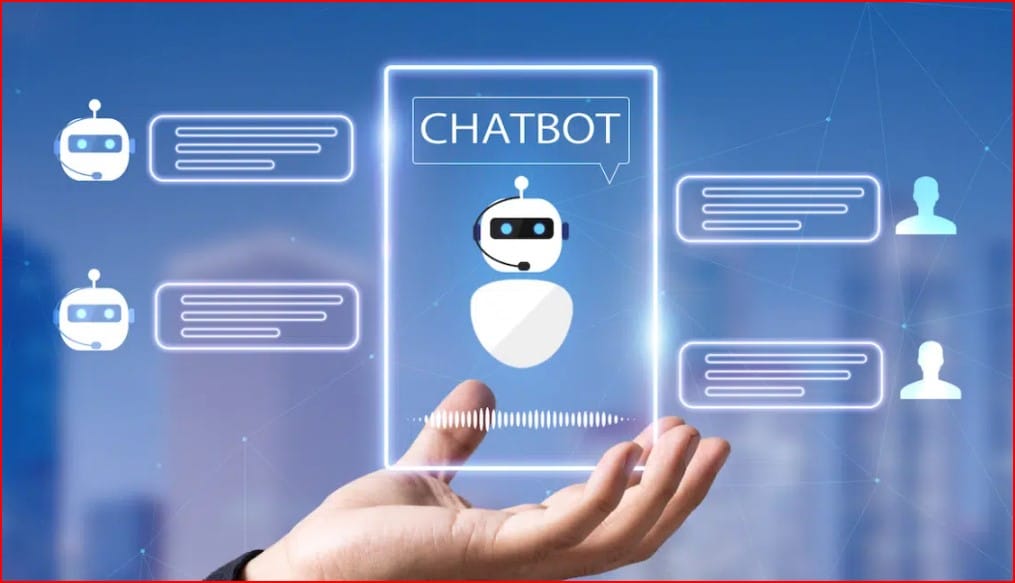 Hand holds a glowing card labeled CHATBOT with a robotic avatar and floating chat bubbles on a blue digital background.