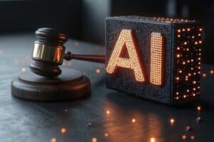 Gavel beside a glowing AI block, symbolizing legal decisions about artificial intelligence in the justice system.
