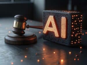 Gavel beside a glowing AI block, symbolizing legal decisions about artificial intelligence in the justice system.