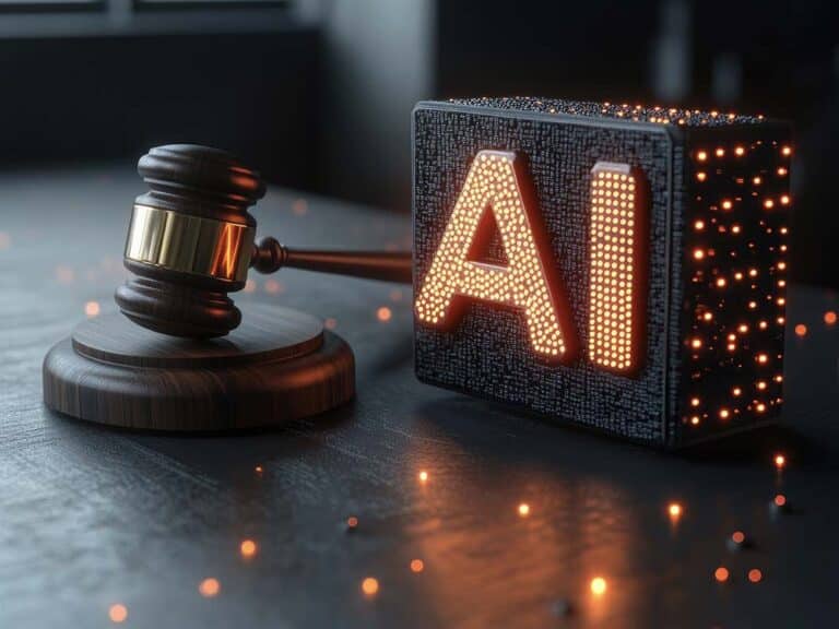 Gavel beside a glowing AI block, symbolizing legal decisions about artificial intelligence in the justice system.