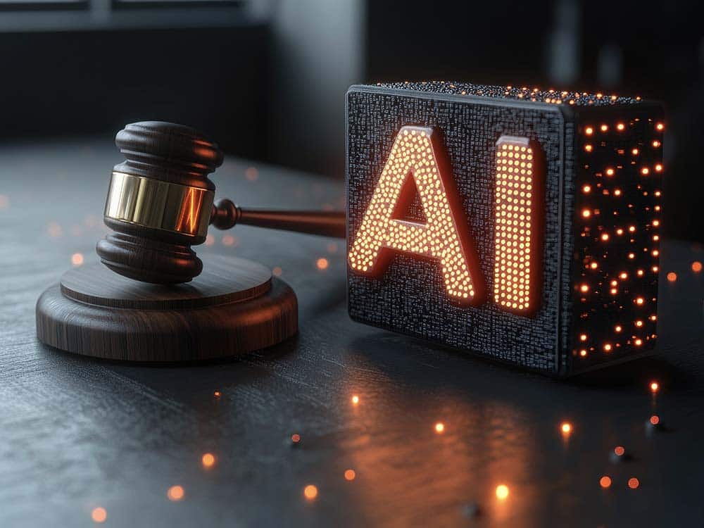 Gavel beside a glowing AI block, symbolizing legal decisions about artificial intelligence in the justice system.