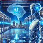 Futuristic data center scene with a humanoid robot and a glowing AI brain hologram over a city skyline, blue neon networks linking panels.
