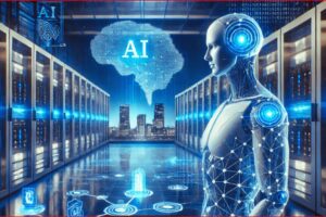 Futuristic data center scene with a humanoid robot and a glowing AI brain hologram over a city skyline, blue neon networks linking panels.