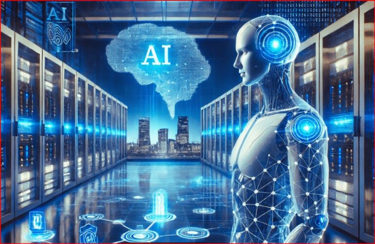 Futuristic data center scene with a humanoid robot and a glowing AI brain hologram over a city skyline, blue neon networks linking panels.
