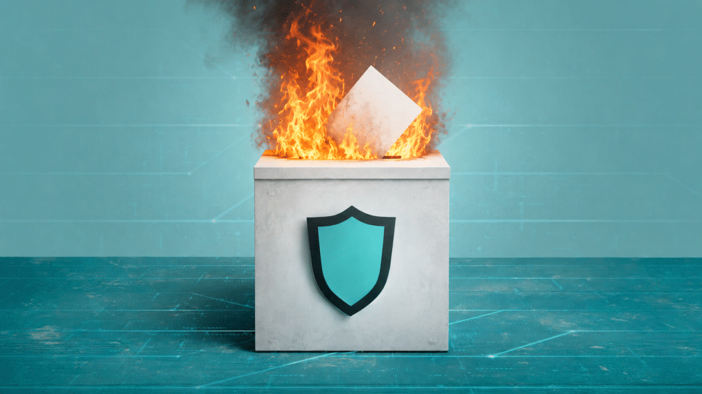 Concrete box with a teal shield emblem; a burning document sits on top, symbolizing secure data destruction or protection.