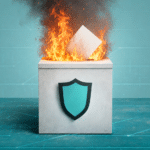Concrete box with a teal shield emblem; a burning document sits on top, symbolizing secure data destruction or protection.