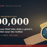 Breaking news banner: €100,000 reward for information about a Rolex Sky‑Dweller theft near Sofitel Barcelona (live updates shown)