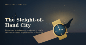 Hero banner with a wristwatch illustration over a dark gradient and a subtle city skyline, feature title 'The Sleight-of-Hand City' and subtitle about Barcelona's pickpocket epidemic.