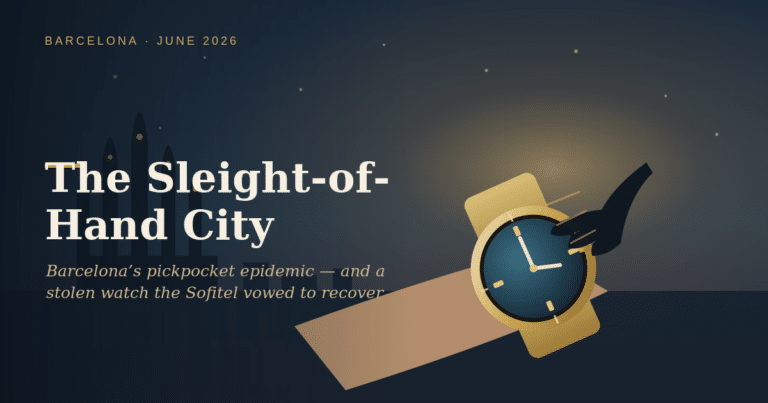 Hero banner with a wristwatch illustration over a dark gradient and a subtle city skyline, feature title 'The Sleight-of-Hand City' and subtitle about Barcelona's pickpocket epidemic.