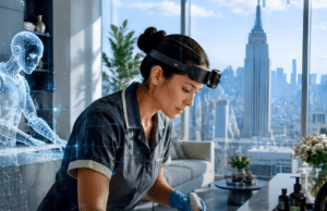 Woman wearing a head-mounted AR display cleans a surface in a bright living room; a translucent holographic robot appears beside her with the NYC skyline in the background.