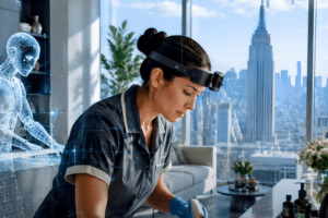 Woman wearing a head-mounted AR display cleans a surface in a bright living room; a translucent holographic robot appears beside her with the NYC skyline in the background.