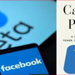 Split image: left side shows a close-up of a device screen with the Facebook/Meta branding; right side shows a book cover titled 'Careless People' with a blue rounded shape graphic.