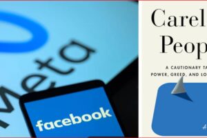 Split image: left side shows a close-up of a device screen with the Facebook/Meta branding; right side shows a book cover titled 'Careless People' with a blue rounded shape graphic.