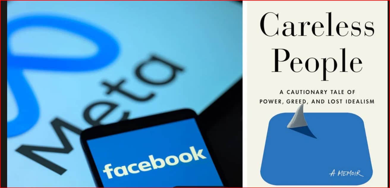 Split image: left side shows a close-up of a device screen with the Facebook/Meta branding; right side shows a book cover titled 'Careless People' with a blue rounded shape graphic.