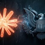 Bright red starburst on the left facing a silver U.S. coat of arms on the right, against a dark background.