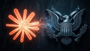 Bright red starburst on the left facing a silver U.S. coat of arms on the right, against a dark background.