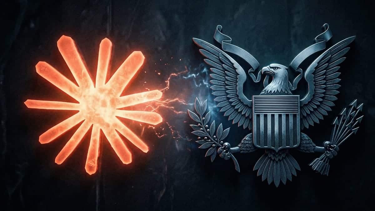 Bright red starburst on the left facing a silver U.S. coat of arms on the right, against a dark background.