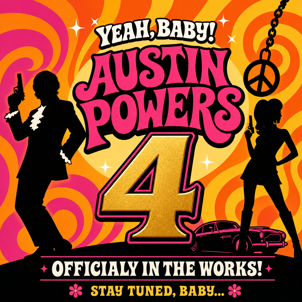 Psychedelic poster announcing 'Austin Powers 4' with black silhouette figures, a large gold 4, and bold typography saying 'Officially in the works! Stay tuned, baby'