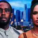 Close-up of a man on the left and a woman on the right, posing in front of a blue city skyline backdrop.