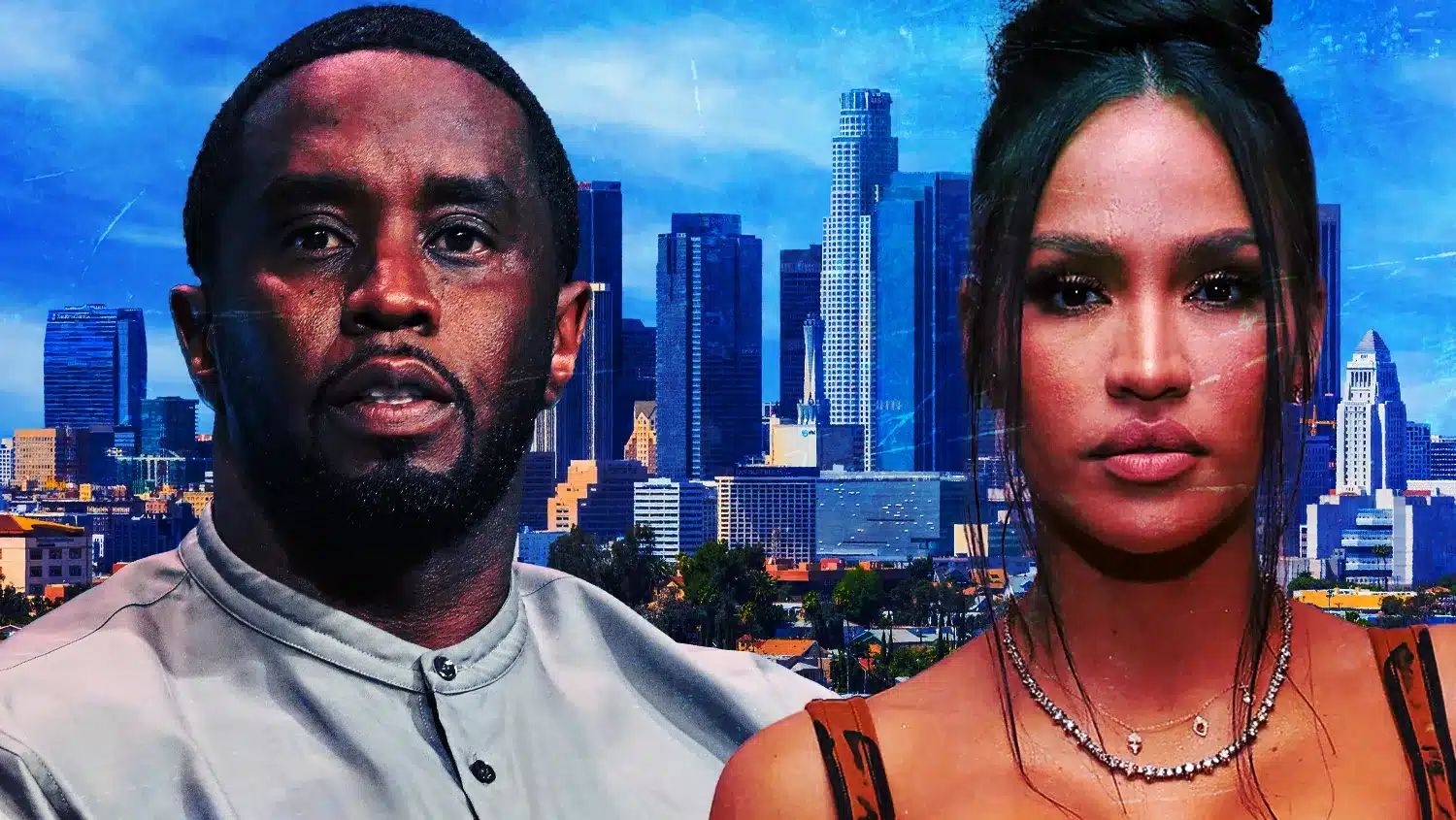 Close-up of a man on the left and a woman on the right, posing in front of a blue city skyline backdrop.
