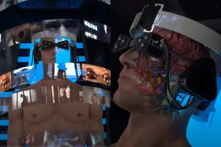 A person wearing a futuristic VR headset with visible brain and nerves overlay, in a split-screen scientific visualization.
