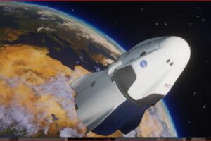 Space shuttle orbiting Earth with a curved blue atmosphere edge and stars in the background, showing a view from space.