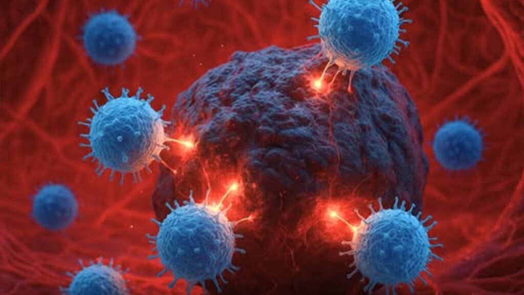 Immune cells (blue) attacking a cancer cell in red tissue with glowing attack points.