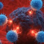 Immune cells (blue) attacking a cancer cell in red tissue with glowing attack points.