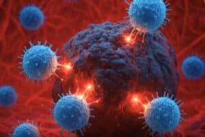 Immune cells (blue) attacking a cancer cell in red tissue with glowing attack points.