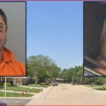 Side-by-side mugshots over a suburban street: left is a man in an orange jumpsuit with minor facial injuries; right is a smiling blonde woman in a car window.