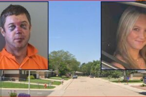 Side-by-side mugshots over a suburban street: left is a man in an orange jumpsuit with minor facial injuries; right is a smiling blonde woman in a car window.