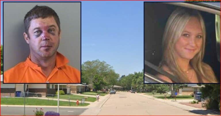 Side-by-side mugshots over a suburban street: left is a man in an orange jumpsuit with minor facial injuries; right is a smiling blonde woman in a car window.