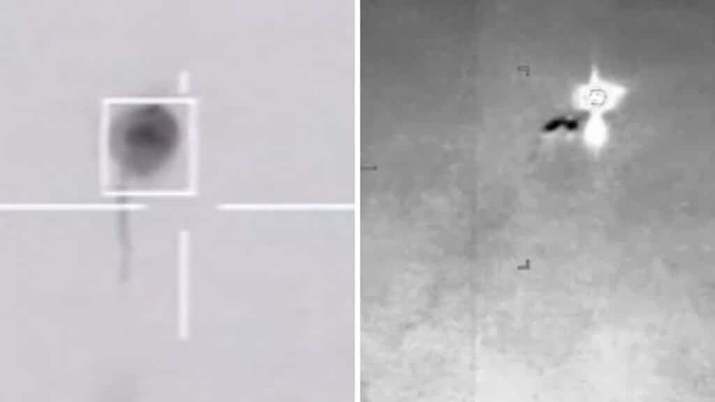 Two-panel image: left shows a square outline with a dark circular center on a light background; a vertical line extends below. Right shows a zoomed-in view with a star-like reticle and a small dark shape near the center.