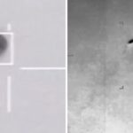 Two-panel image: left shows a square outline with a dark circular center on a light background; a vertical line extends below. Right shows a zoomed-in view with a star-like reticle and a small dark shape near the center.